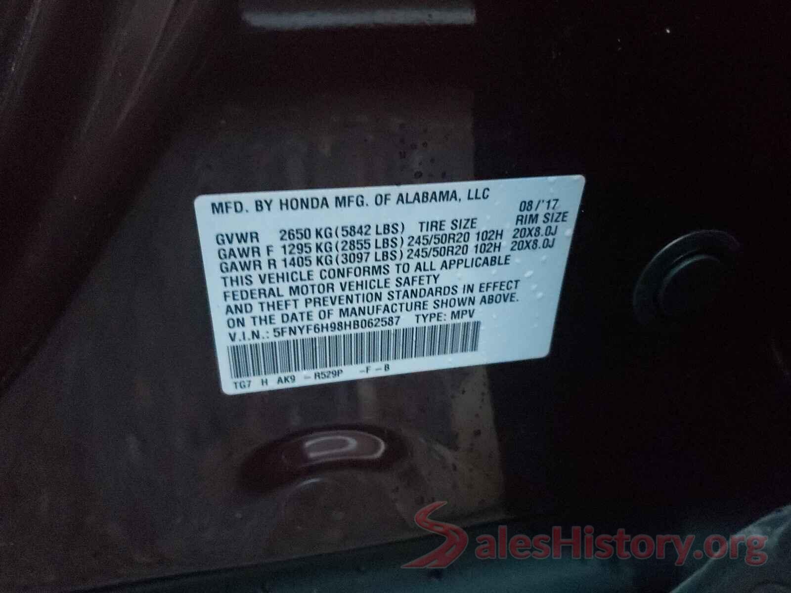 5FNYF6H98HB062587 2017 HONDA PILOT