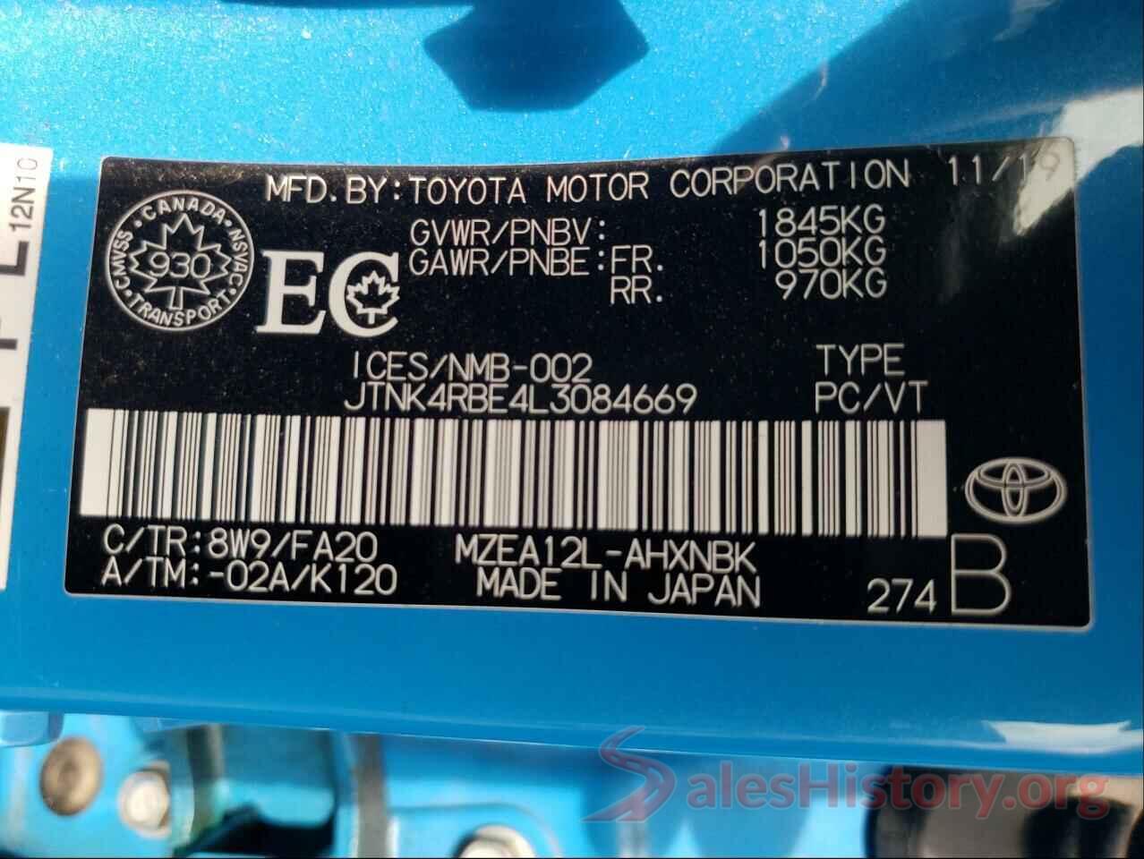 JTNK4RBE4L3084669 2020 TOYOTA COROLLA