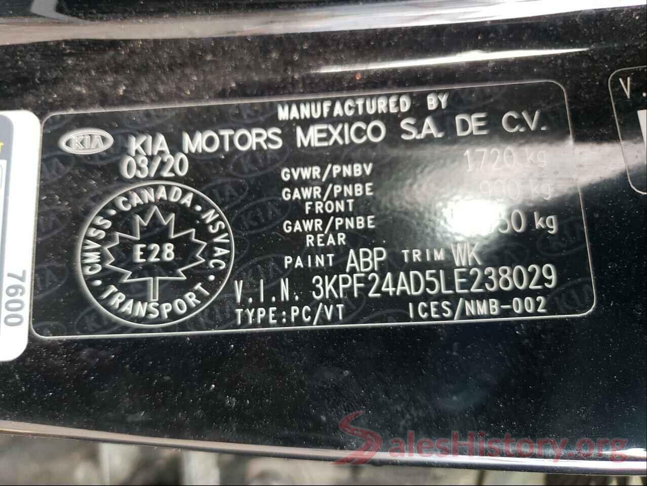 3KPF24AD5LE238029 2020 KIA FORTE