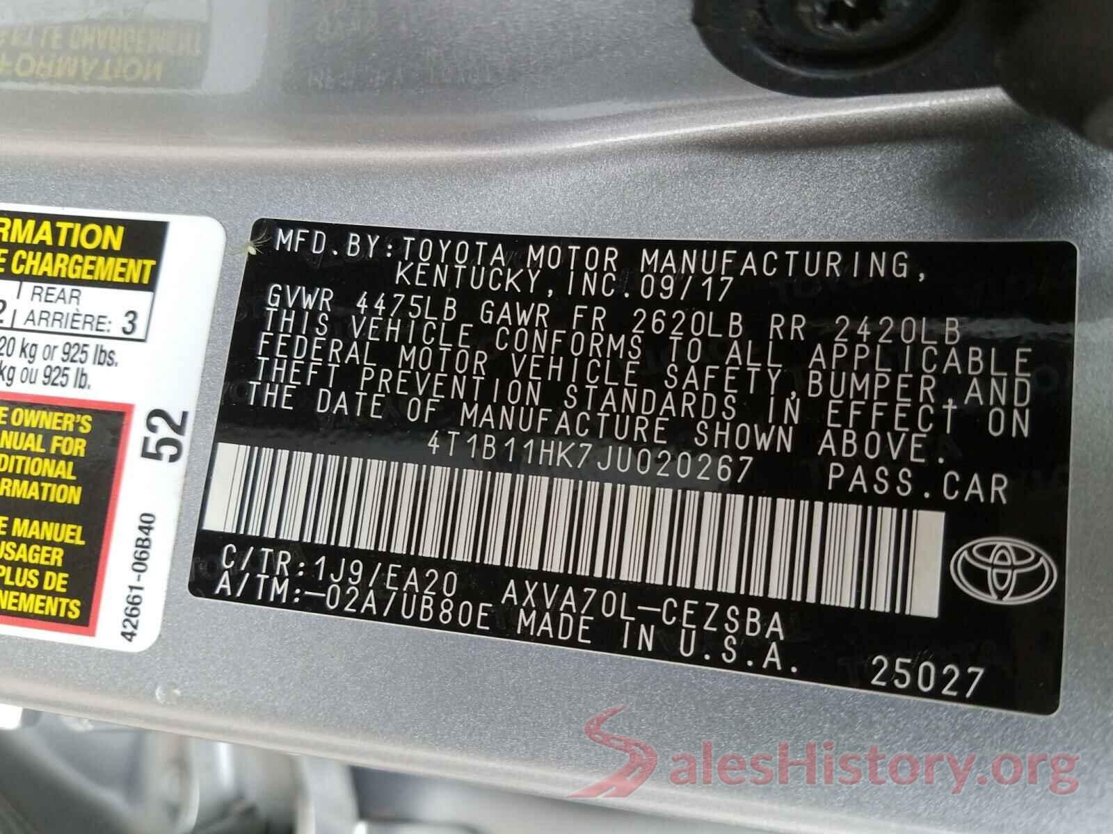 4T1B11HK7JU020267 2018 TOYOTA CAMRY