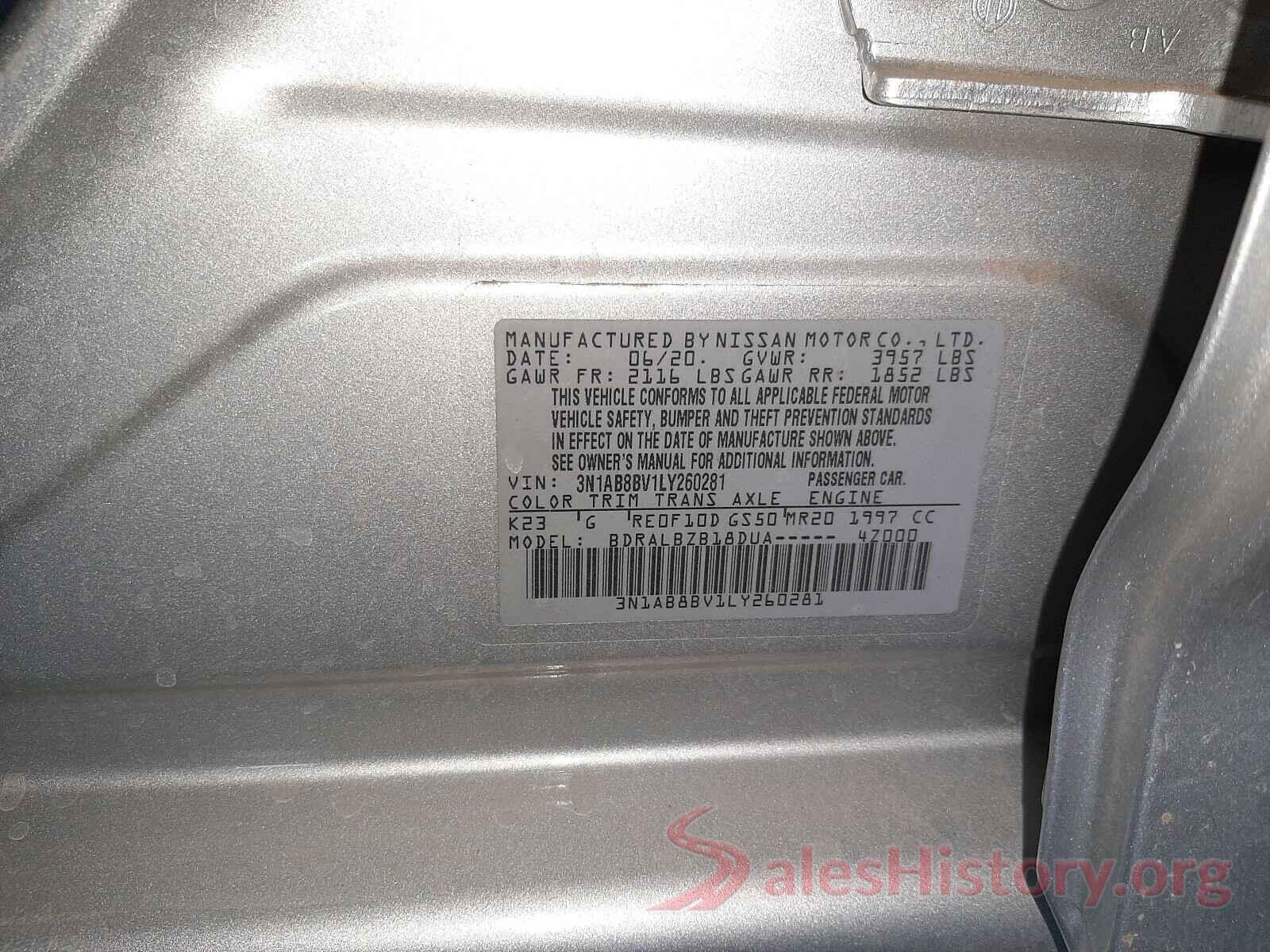 3N1AB8BV1LY260281 2020 NISSAN SENTRA