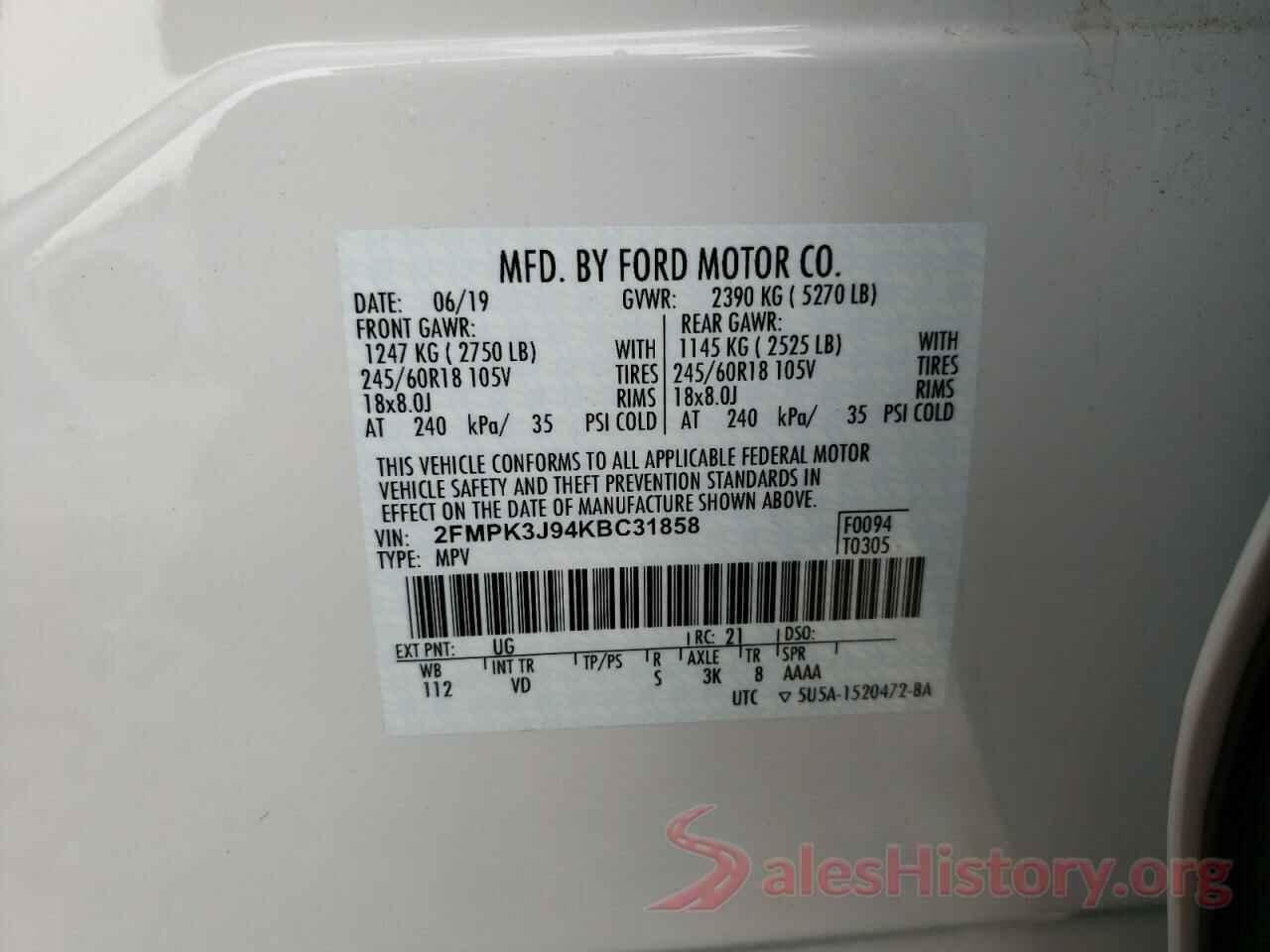 2FMPK3J94KBC31858 2019 FORD EDGE