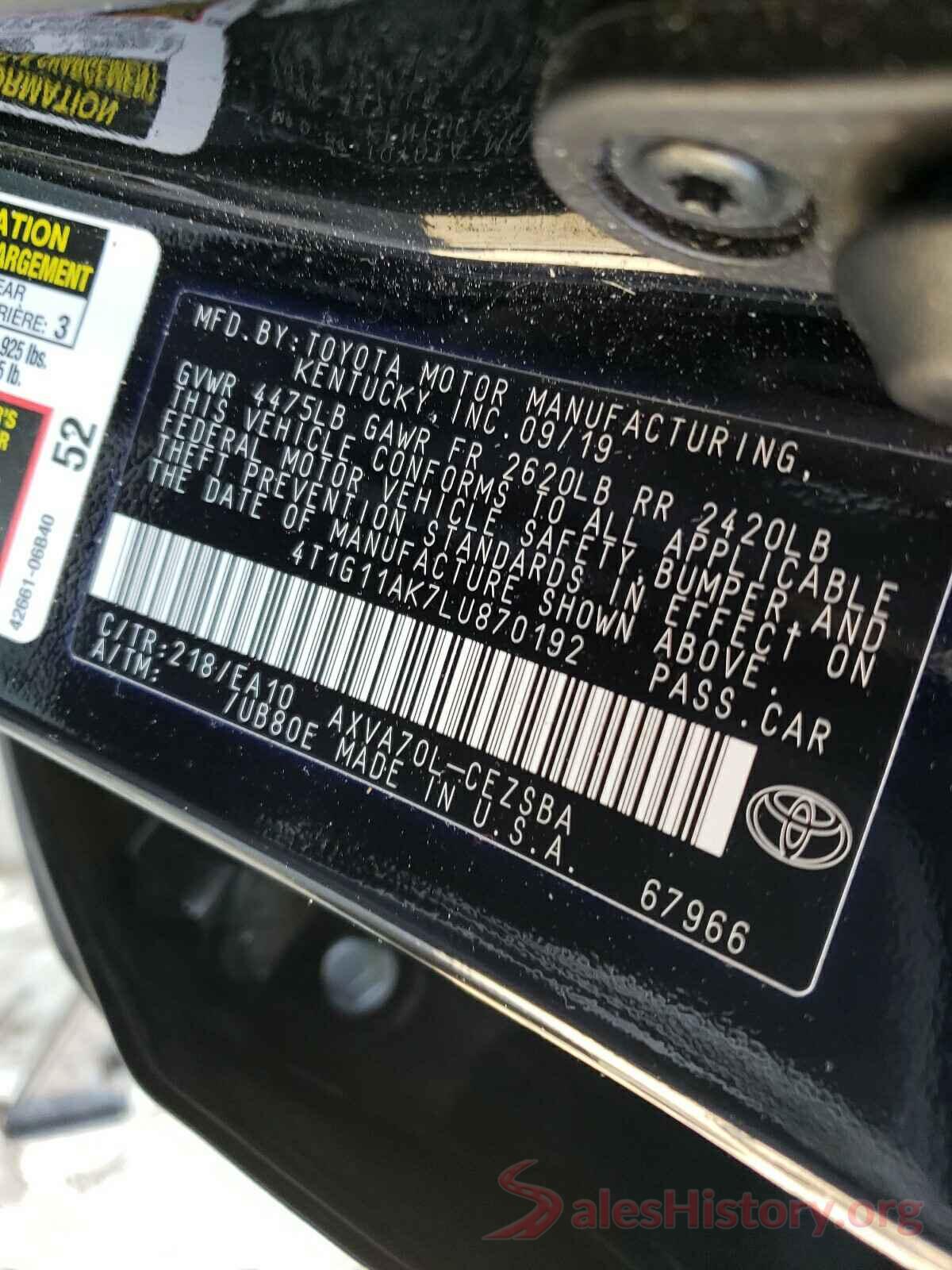 4T1G11AK7LU870192 2020 TOYOTA CAMRY