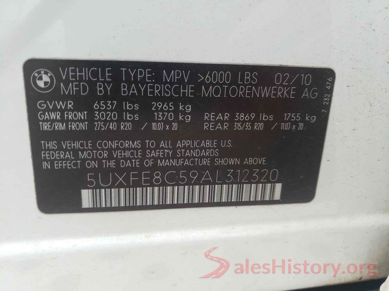 5UXFE8C59AL312320 2010 BMW X5