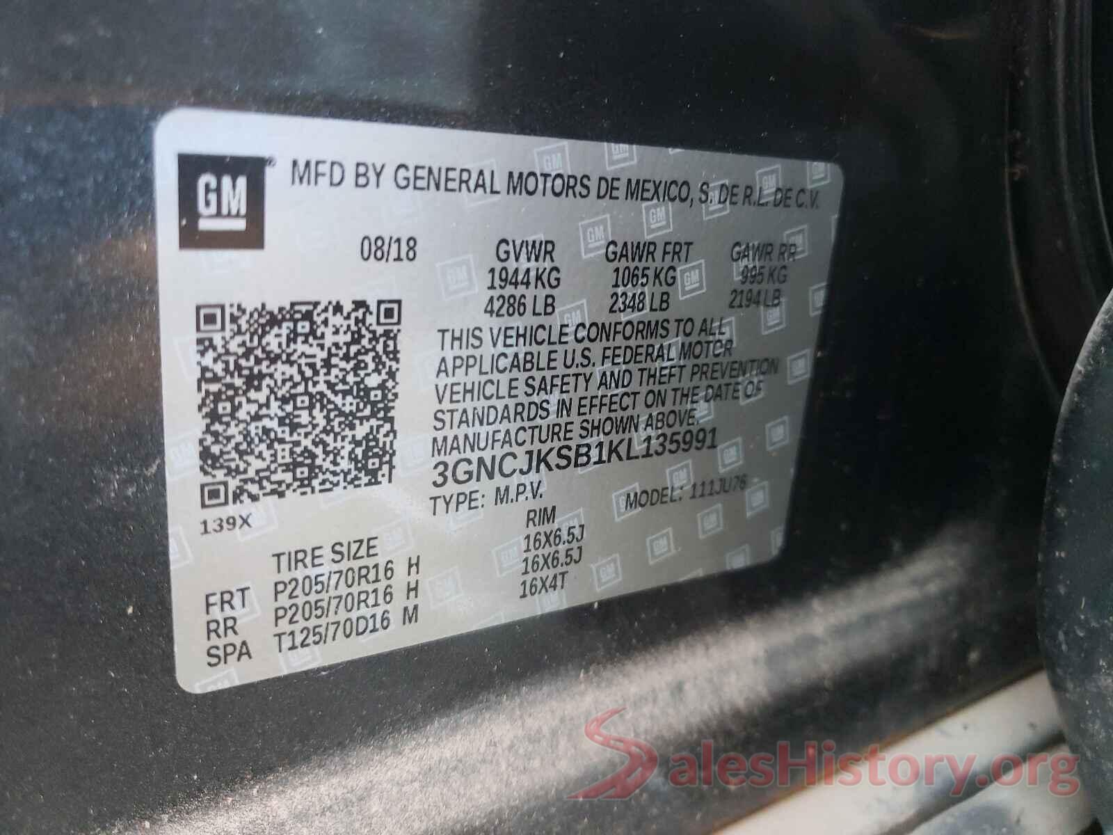 3GNCJKSB1KL135991 2019 CHEVROLET TRAX