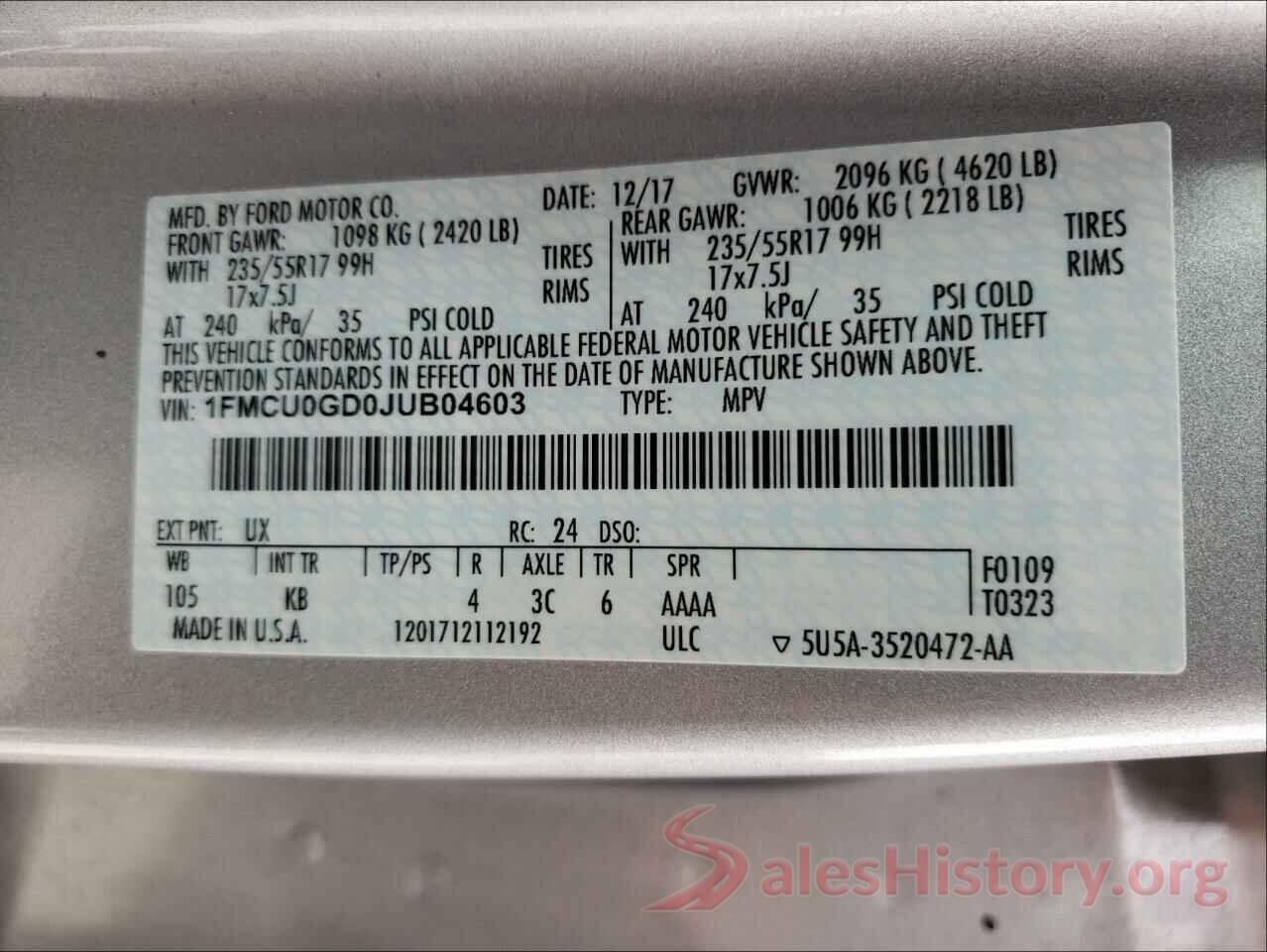 1FMCU0GD0JUB04603 2018 FORD ESCAPE