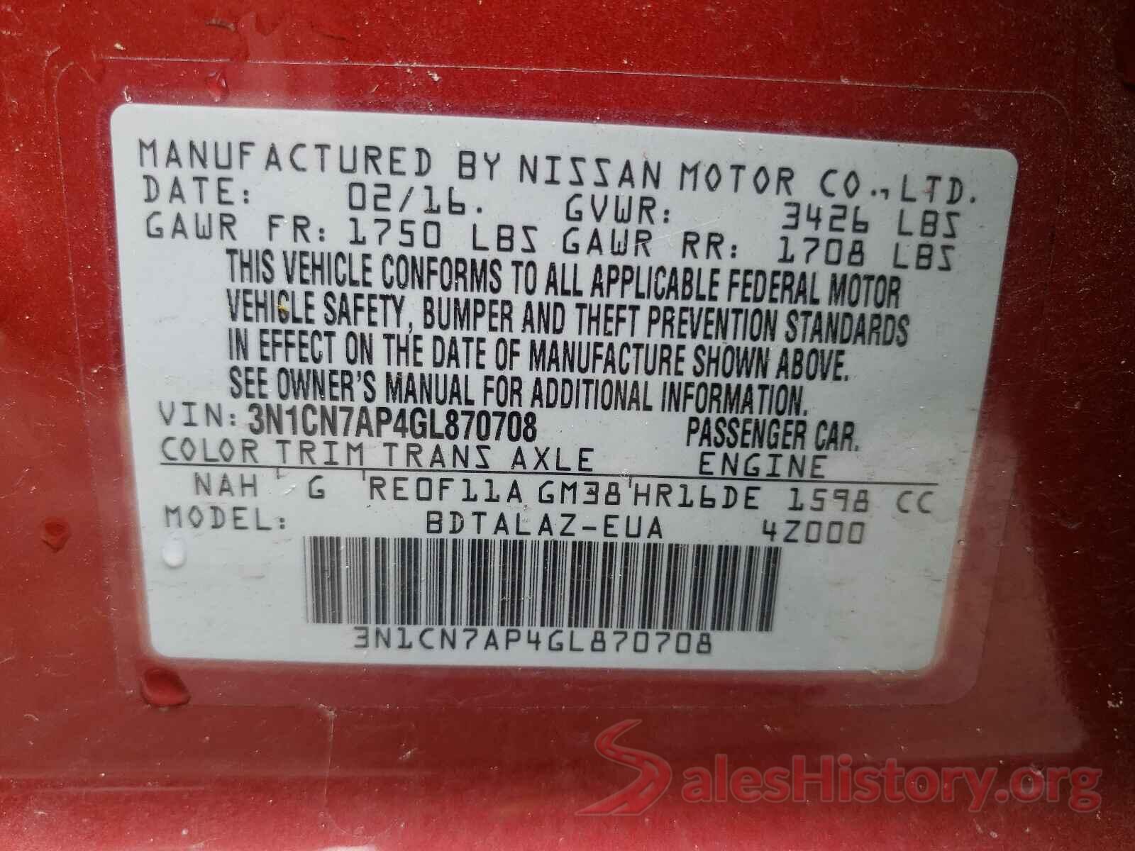 3N1CN7AP4GL870708 2016 NISSAN VERSA