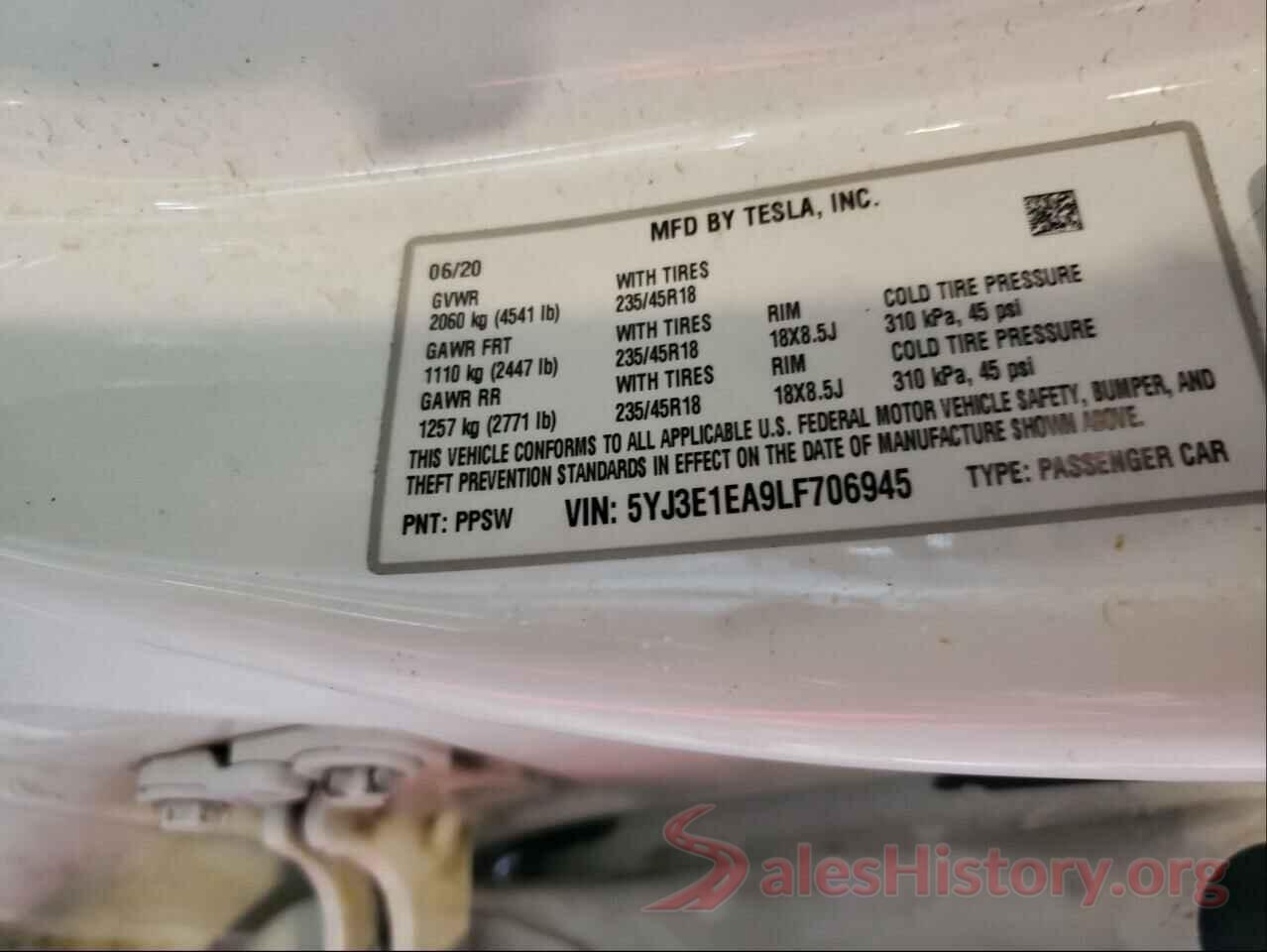 5YJ3E1EA9LF706945 2020 TESLA MODEL 3