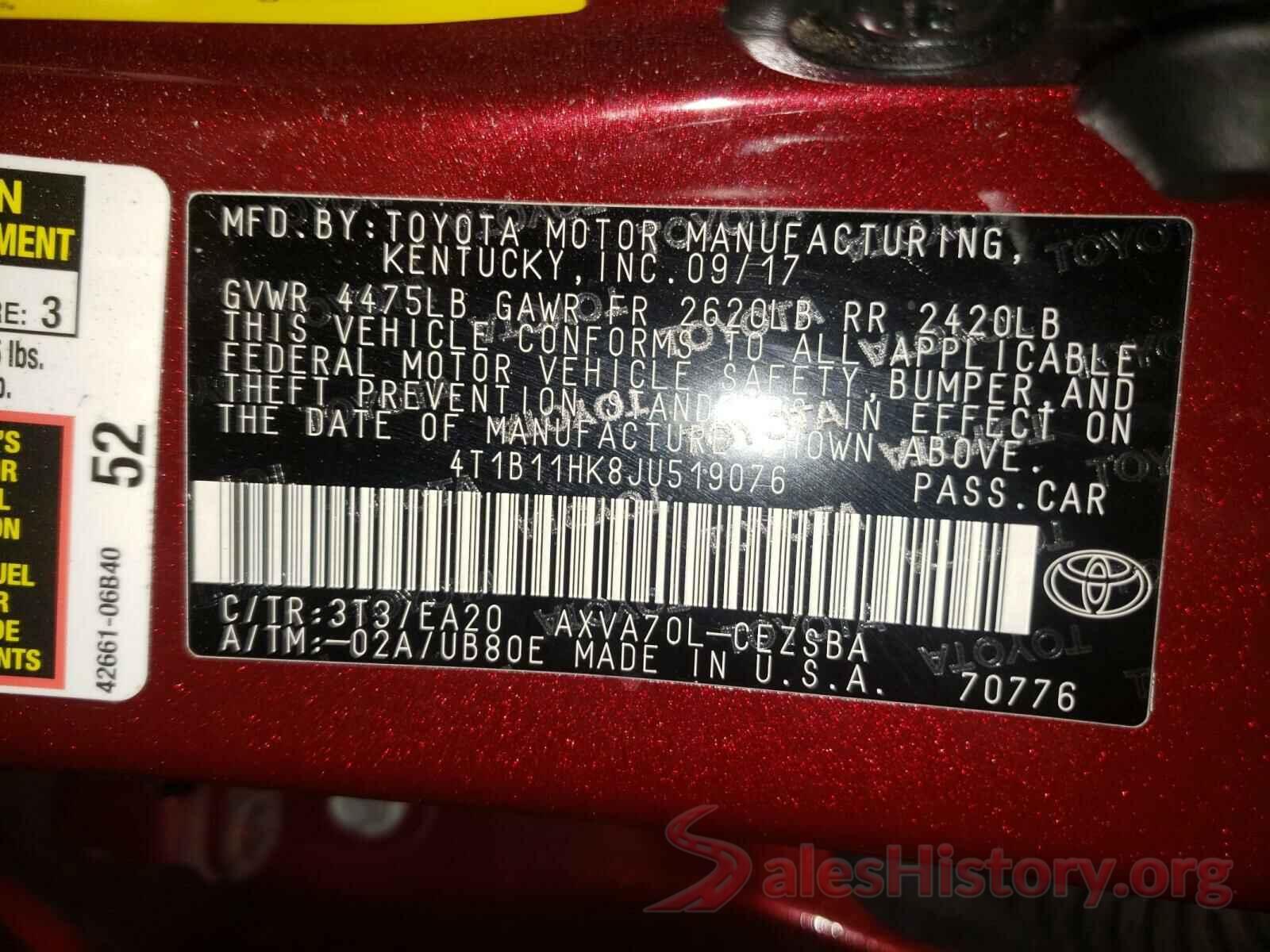 4T1B11HK8JU519076 2018 TOYOTA CAMRY