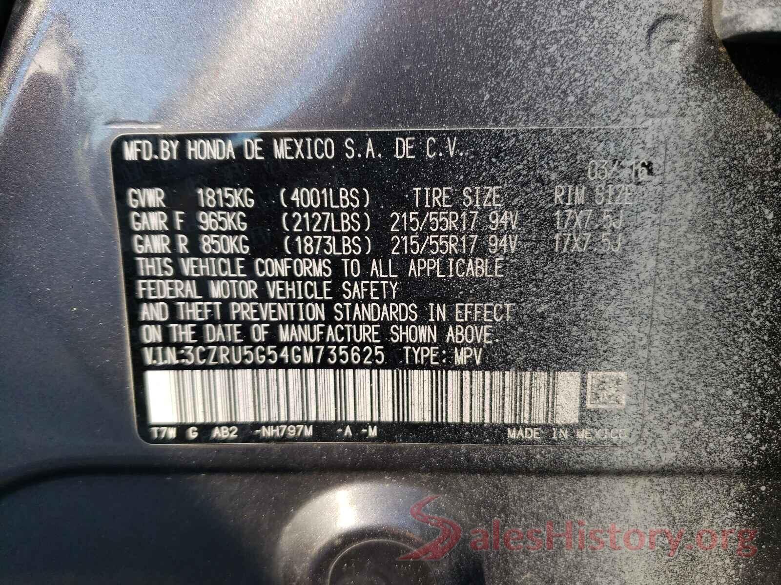 3CZRU5G54GM735625 2016 HONDA HR-V