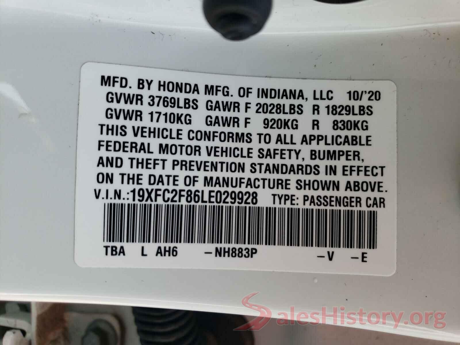 19XFC2F86LE029928 2020 HONDA CIVIC