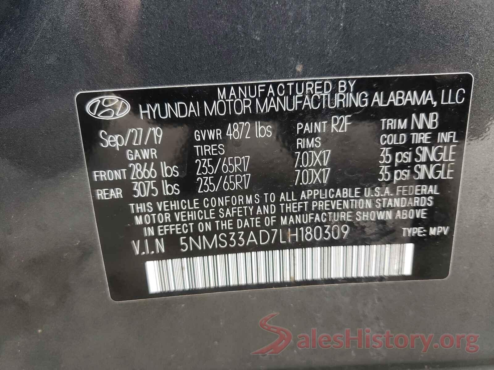 5NMS33AD7LH180309 2020 HYUNDAI SANTA FE