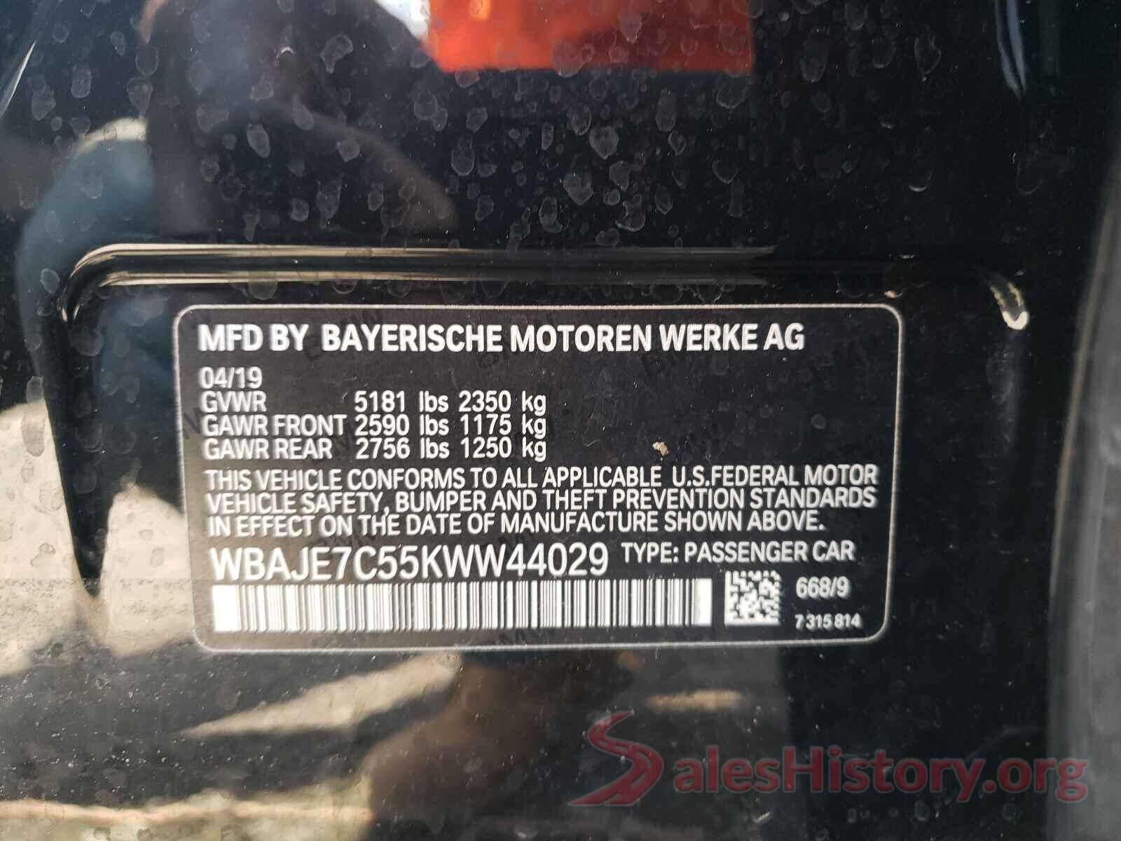 WBAJE7C55KWW44029 2019 BMW 5 SERIES