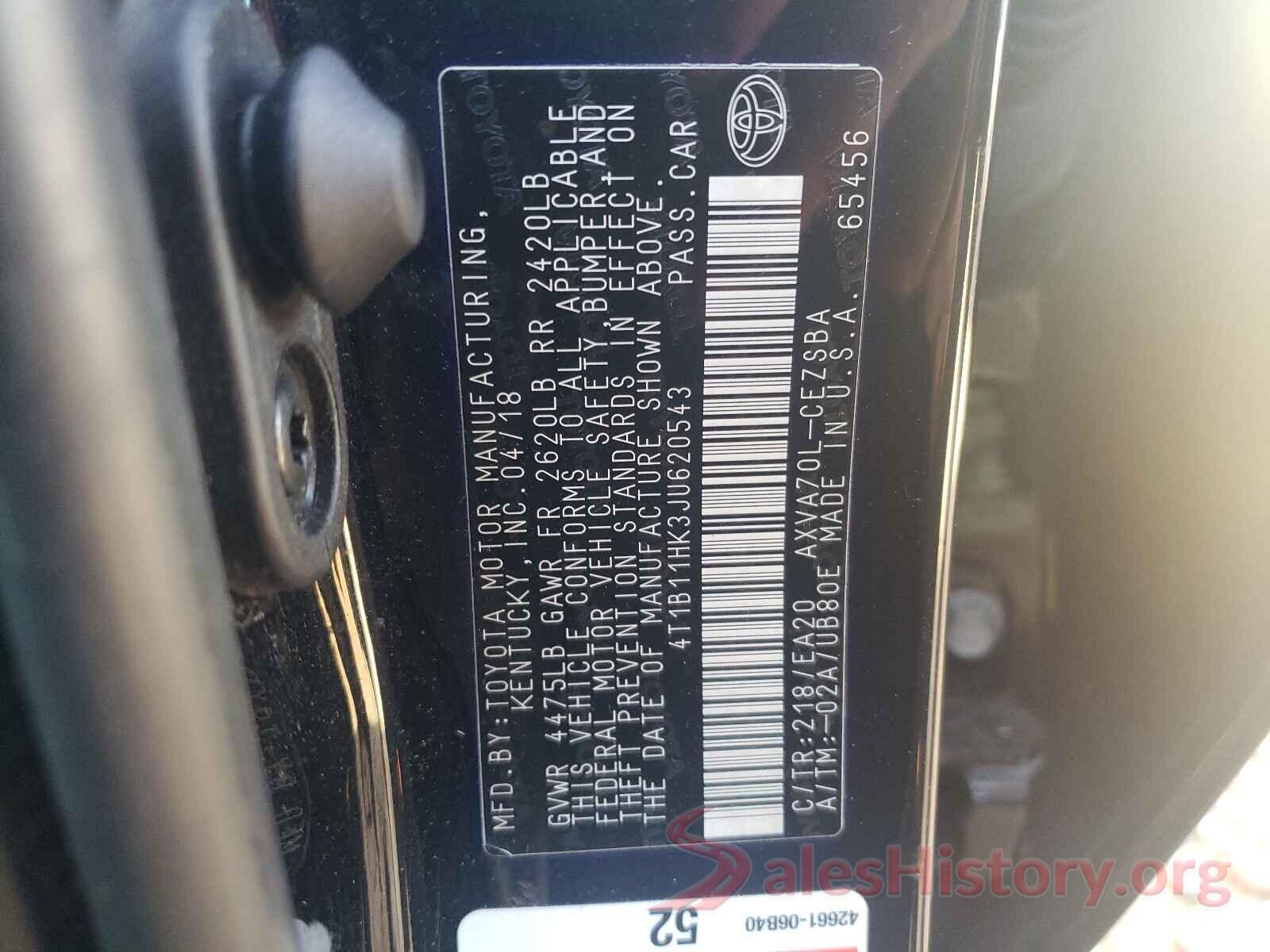 4T1B11HK3JU620543 2018 TOYOTA CAMRY