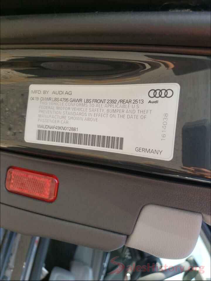 WAUDNAF49KN012881 2019 AUDI A4