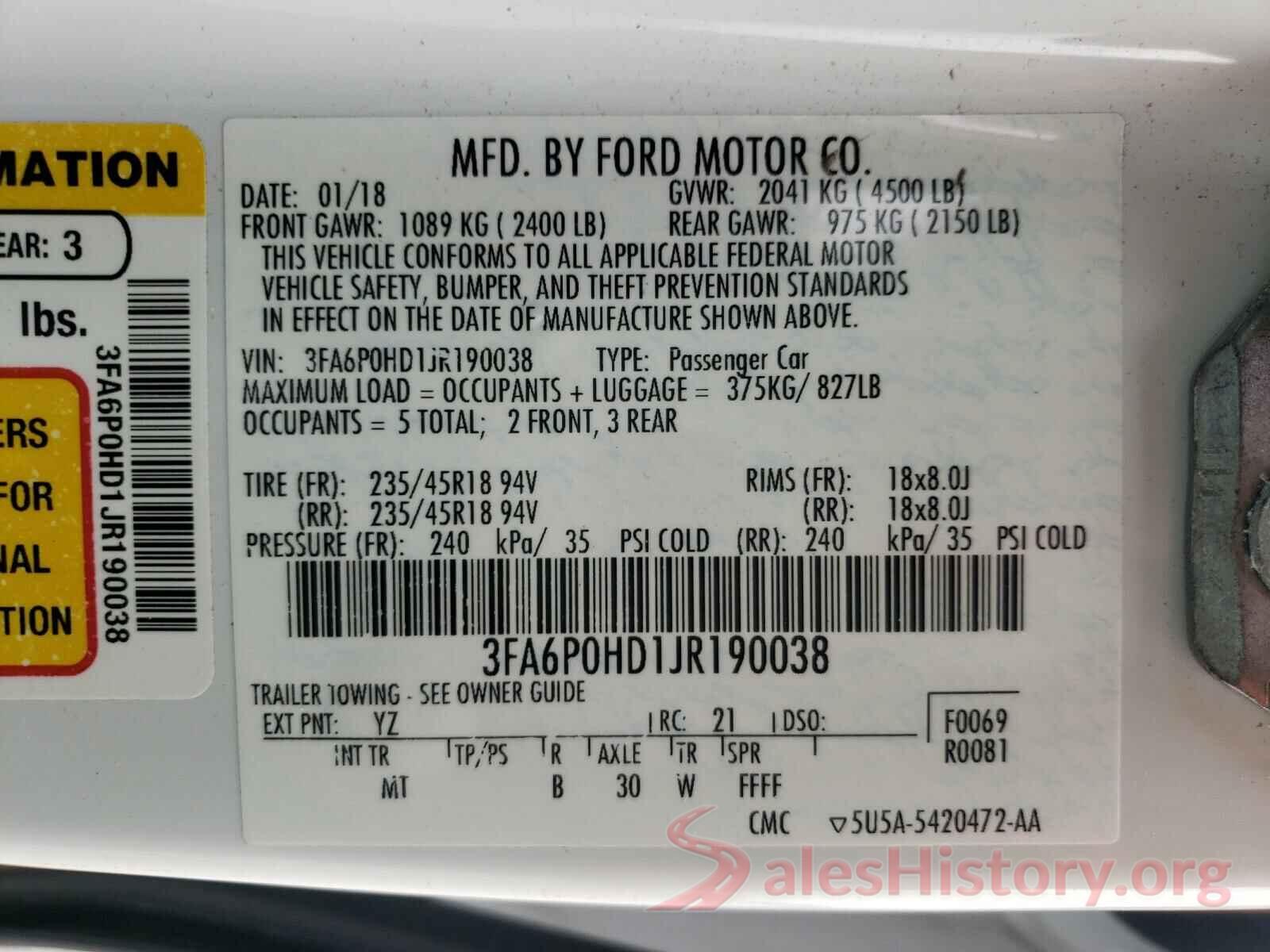 3FA6P0HD1JR190038 2018 FORD FUSION