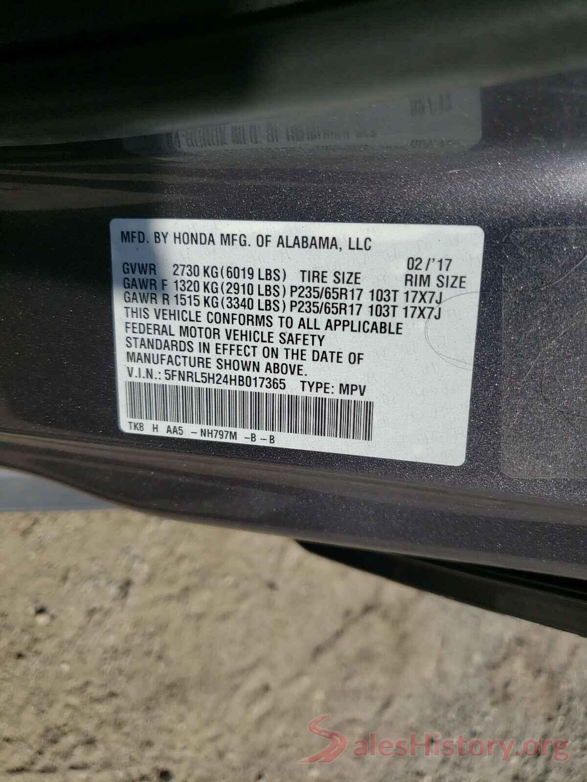 5FNRL5H24HB017365 2017 HONDA ODYSSEY