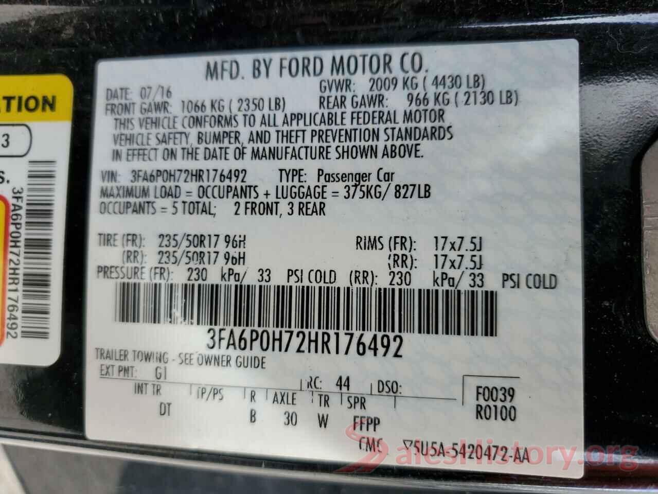 3FA6P0H72HR176492 2017 FORD FUSION