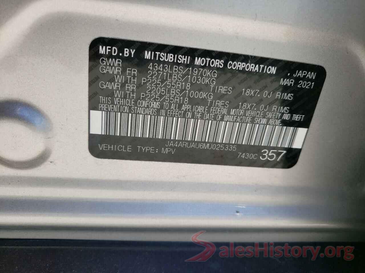 JA4ARUAU6MU025335 2021 MITSUBISHI OUTLANDER