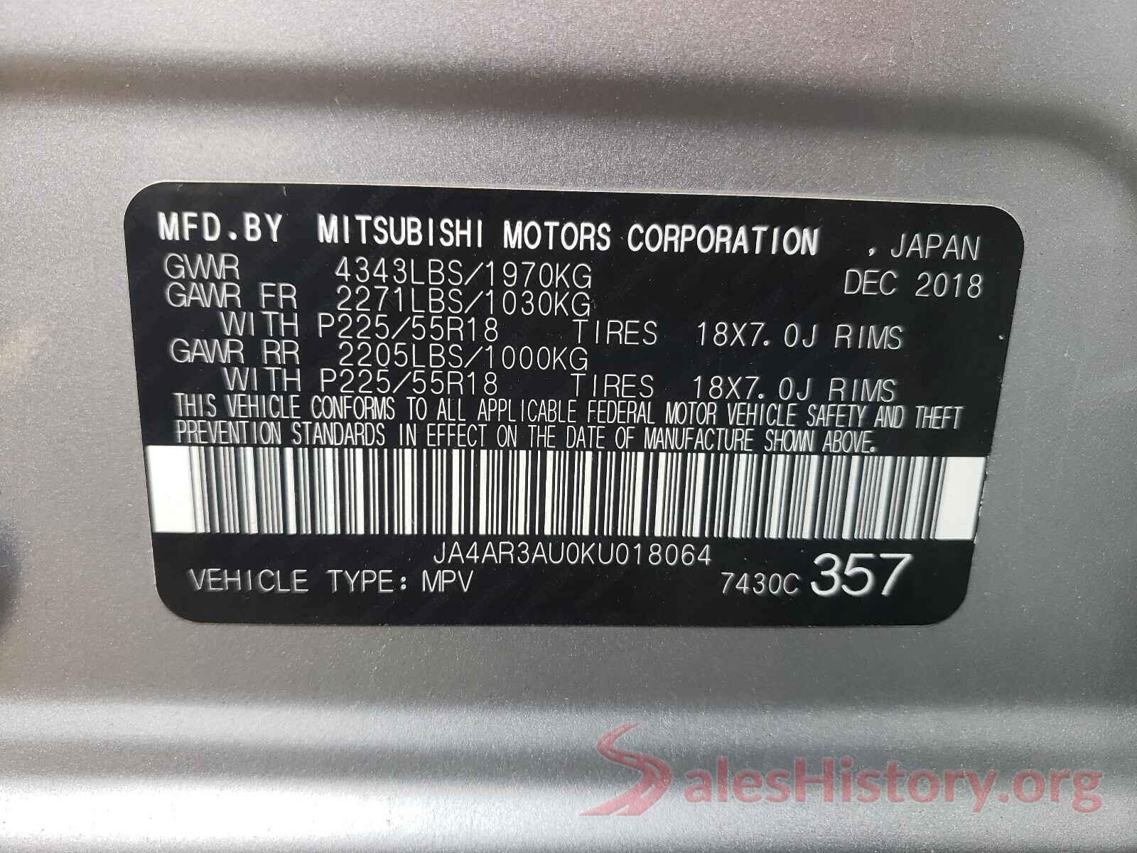 JA4AR3AU0KU018064 2019 MITSUBISHI OUTLANDER