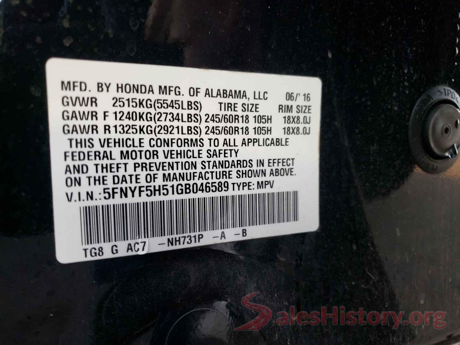 5FNYF5H51GB046589 2016 HONDA PILOT