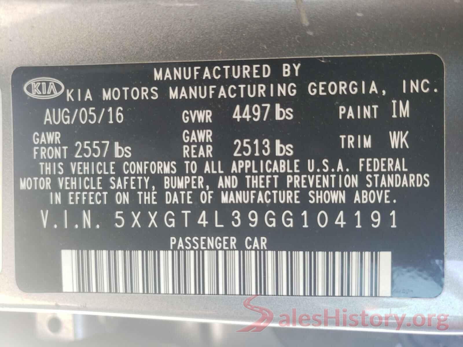 5XXGT4L39GG104191 2016 KIA OPTIMA