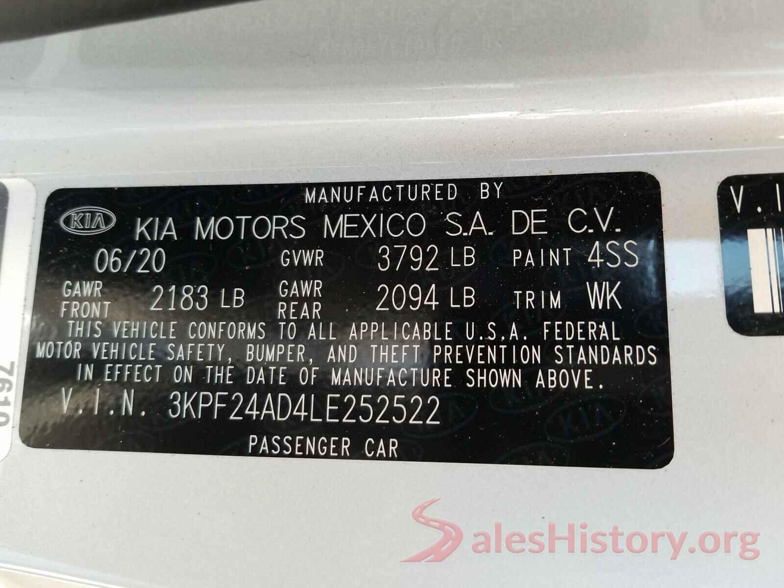 3KPF24AD4LE252522 2020 KIA FORTE