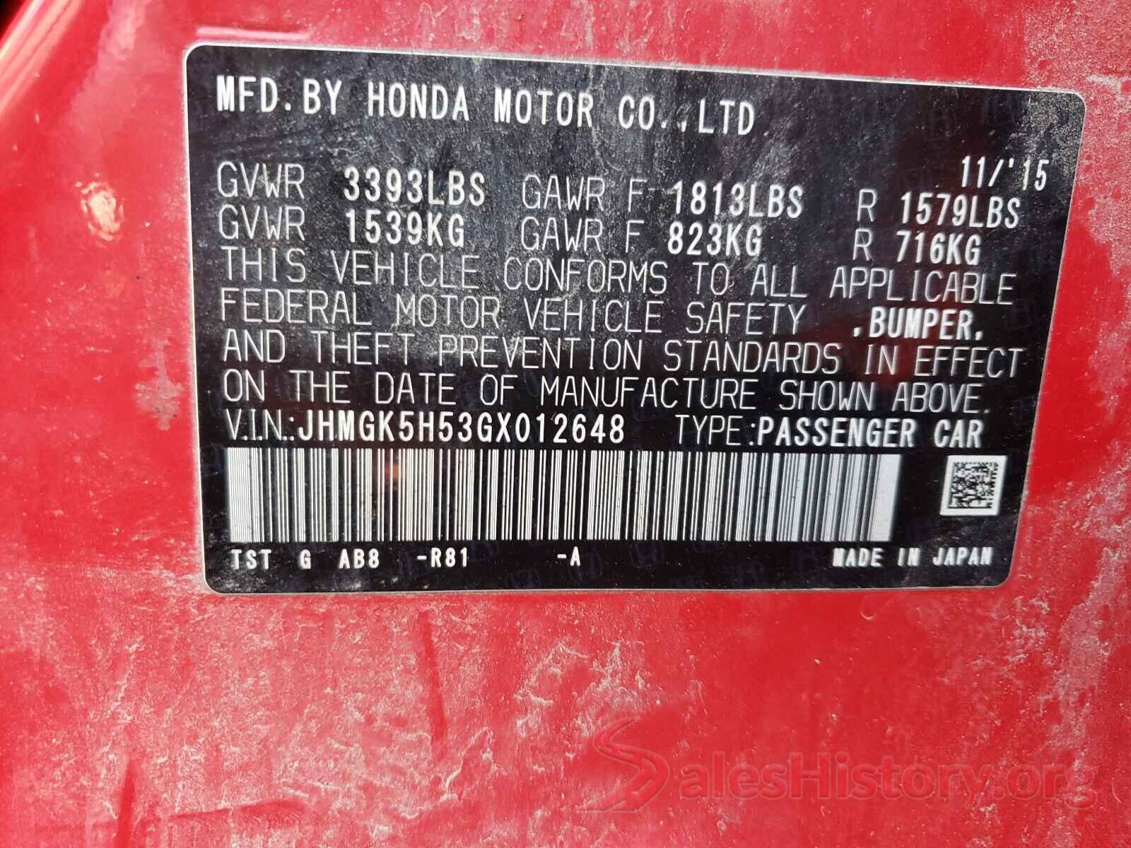 JHMGK5H53GX012648 2016 HONDA FIT