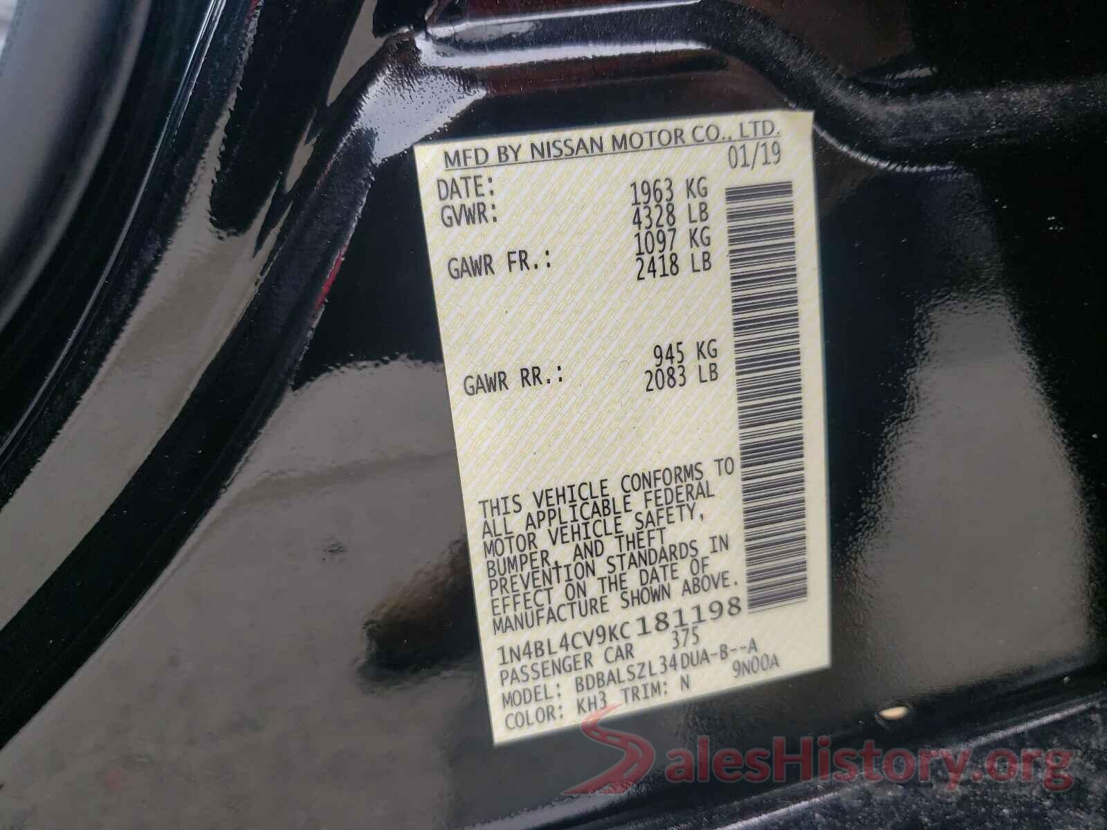 1N4BL4CV9KC181198 2019 NISSAN ALTIMA