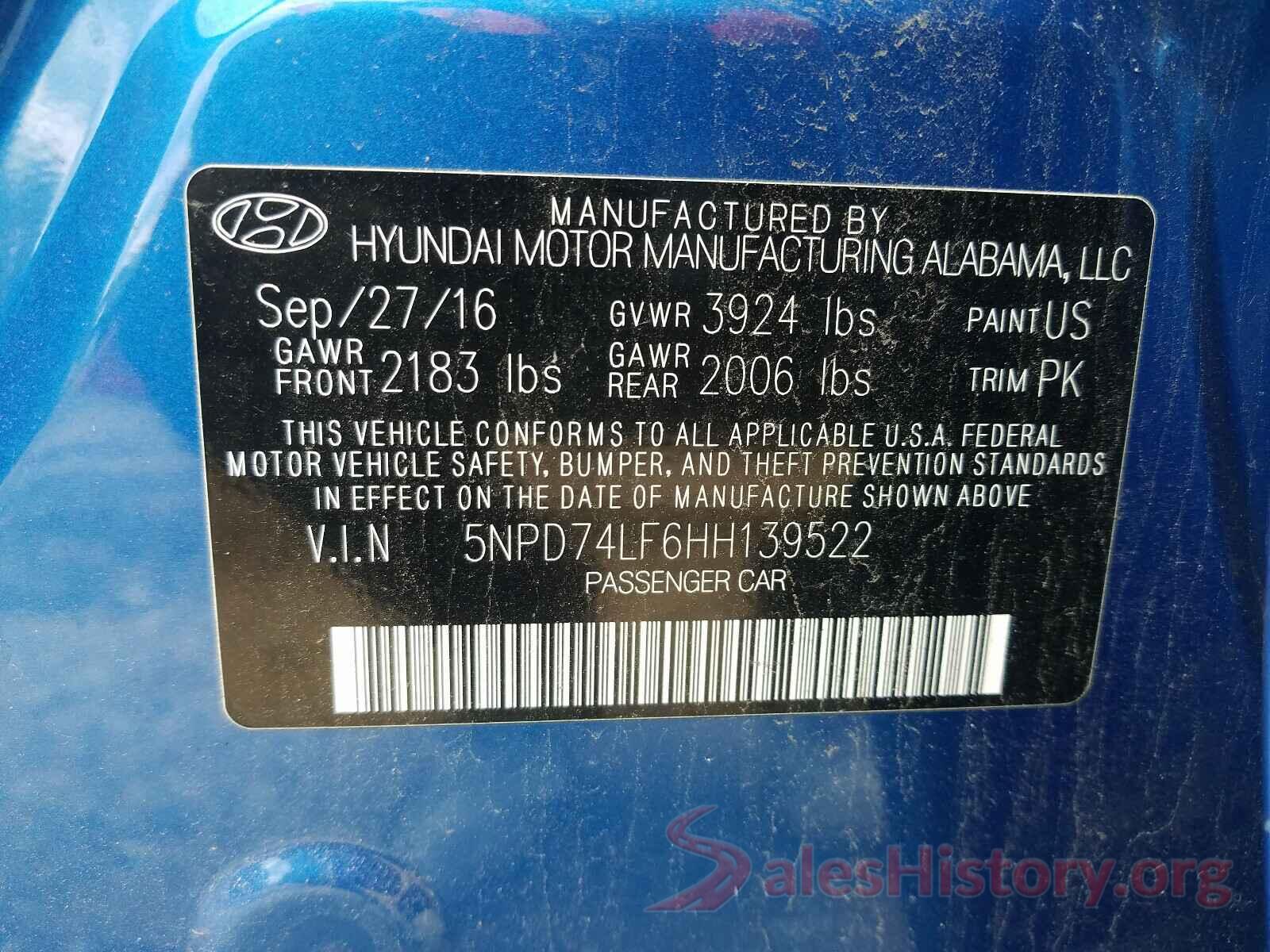 5NPD74LF6HH139522 2017 HYUNDAI ELANTRA