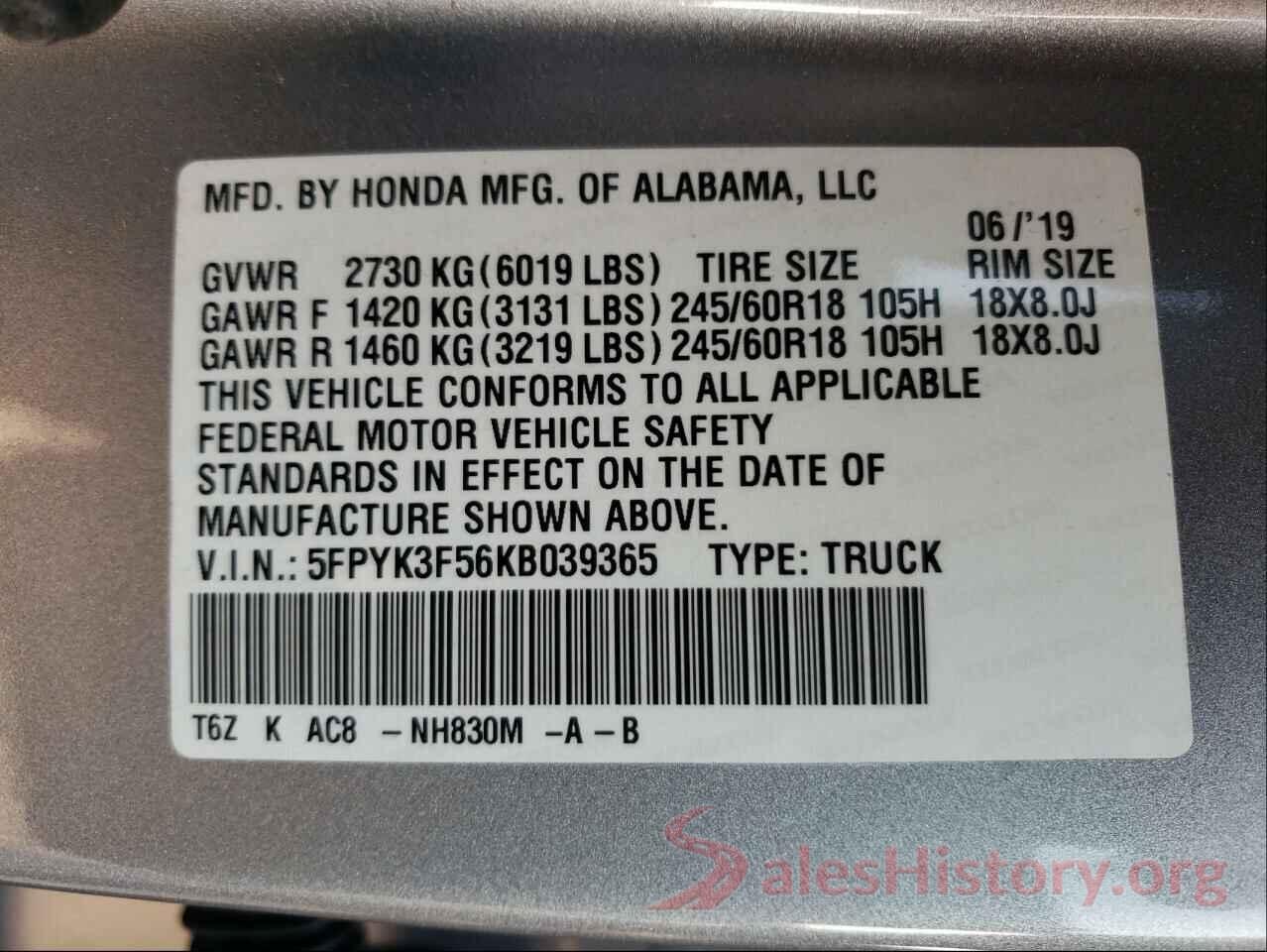 5FPYK3F56KB039365 2019 HONDA RIDGELINE