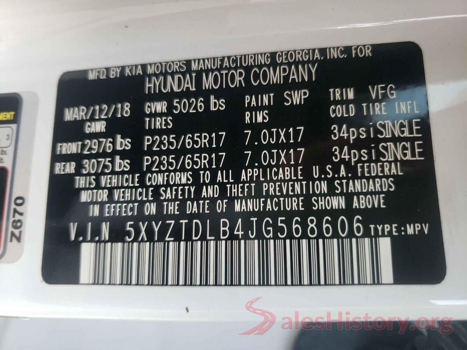 5XYZTDLB4JG568606 2018 HYUNDAI SANTA FE