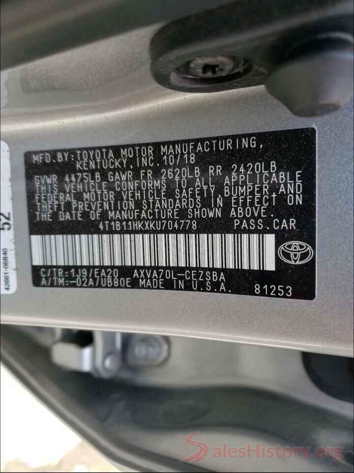 4T1B11HKXKU704778 2019 TOYOTA CAMRY