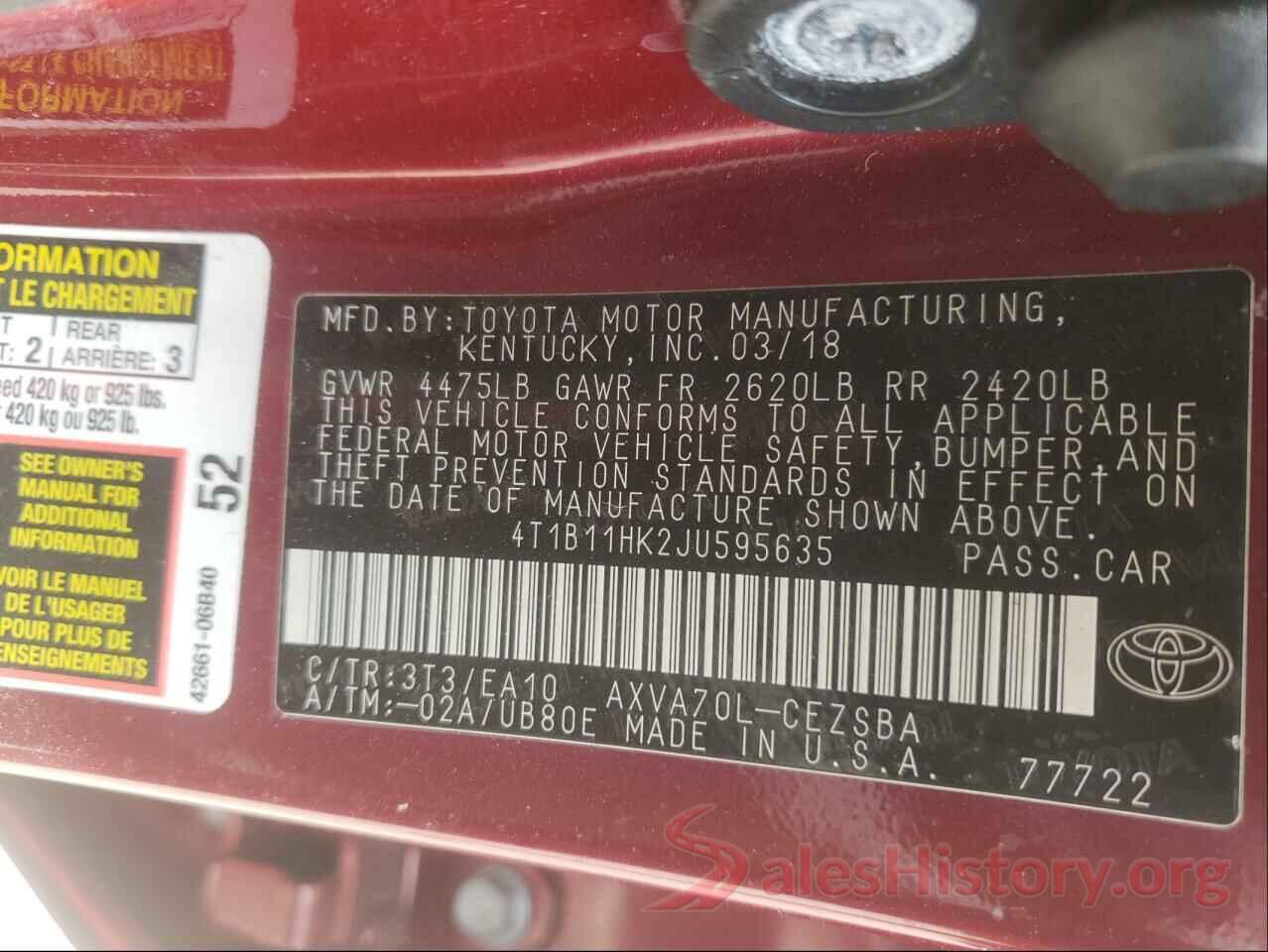 4T1B11HK2JU595635 2018 TOYOTA CAMRY