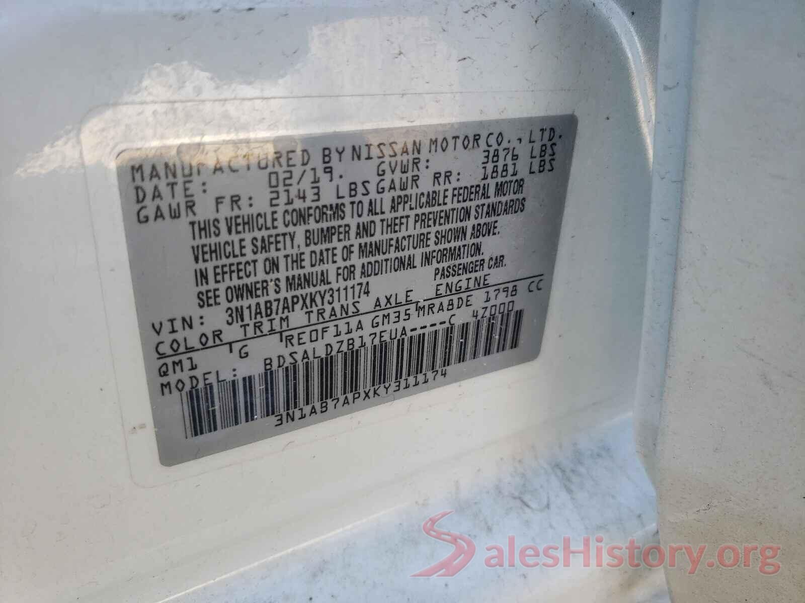 3N1AB7APXKY311174 2019 NISSAN SENTRA