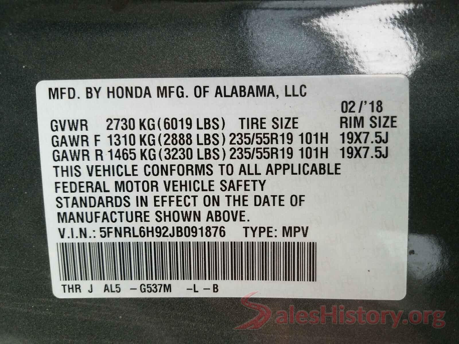 5FNRL6H92JB091876 2018 HONDA ODYSSEY