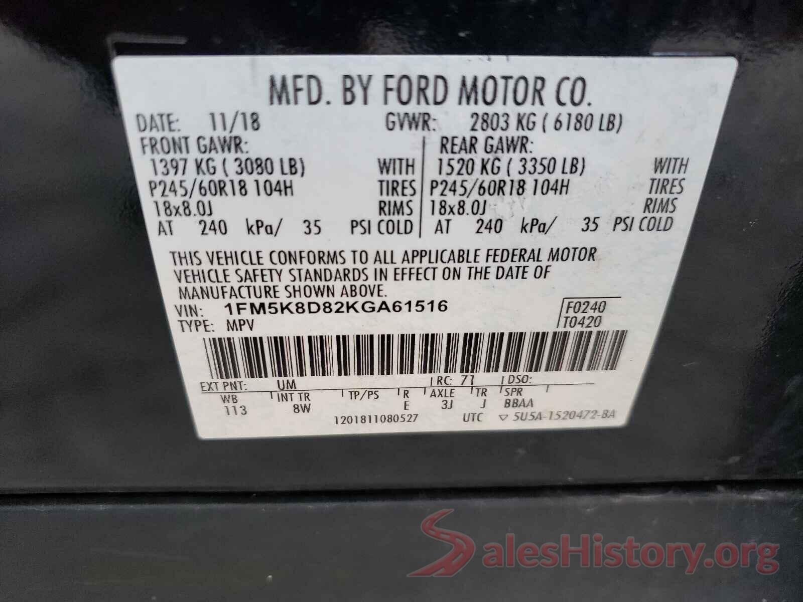 1FM5K8D82KGA61516 2019 FORD EXPLORER