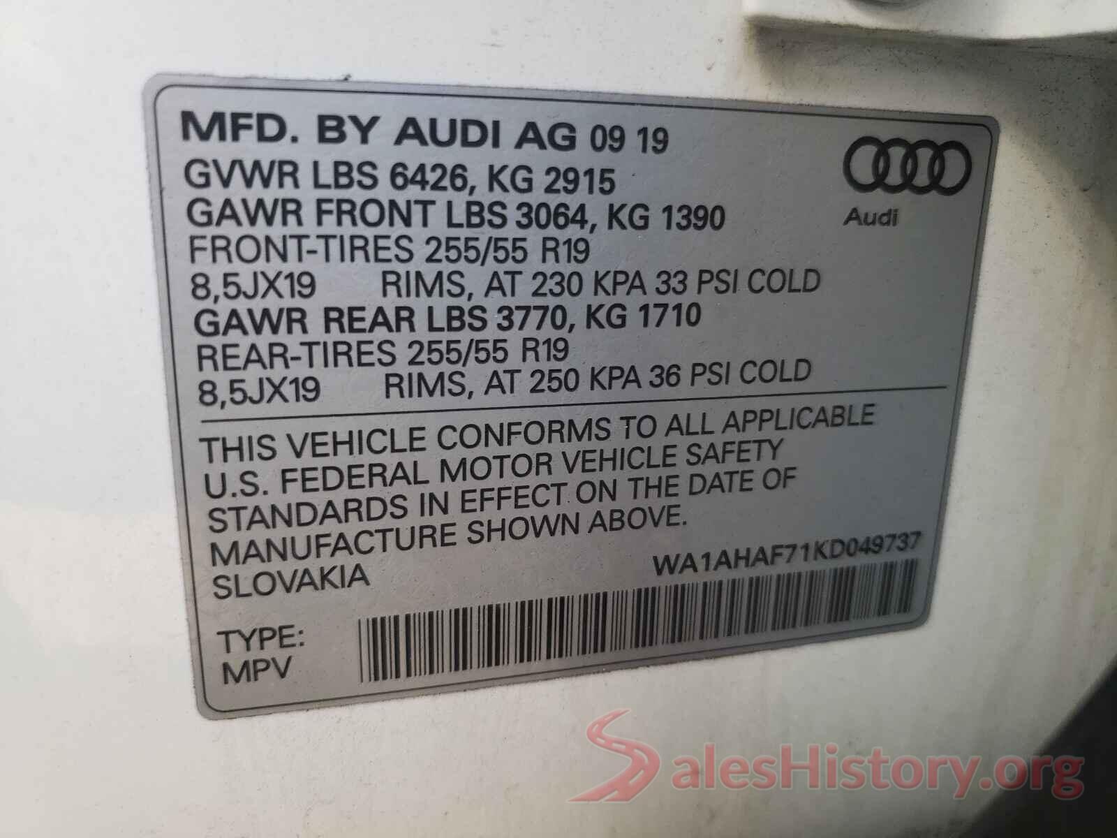 WA1AHAF71KD049737 2019 AUDI Q7