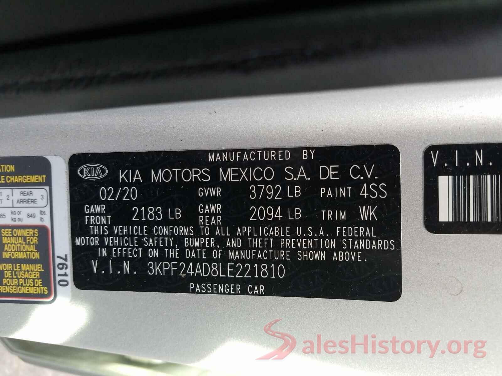 3KPF24AD8LE221810 2020 KIA FORTE