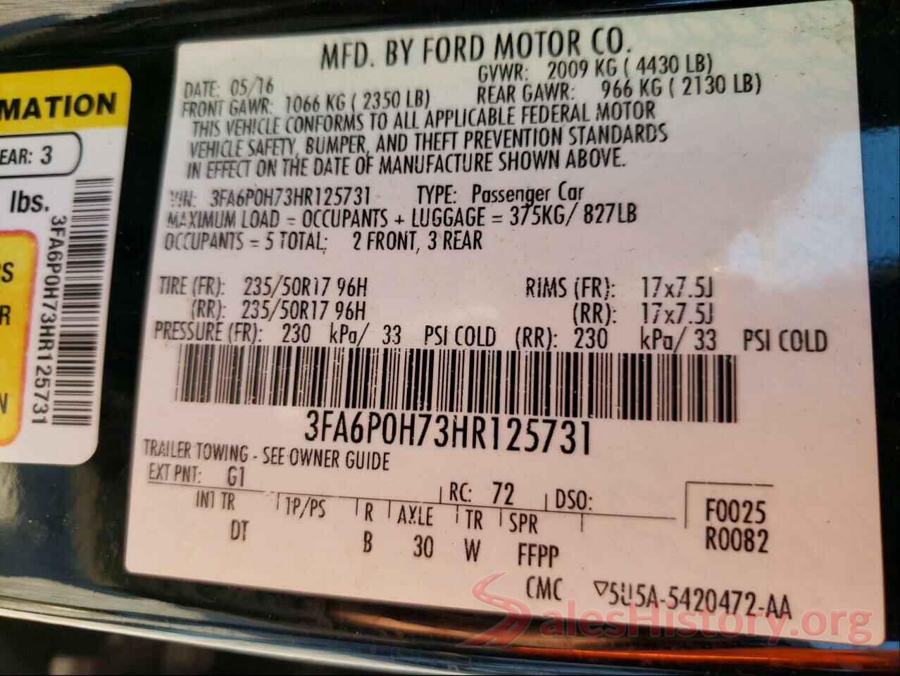 3FA6P0H73HR125731 2017 FORD FUSION