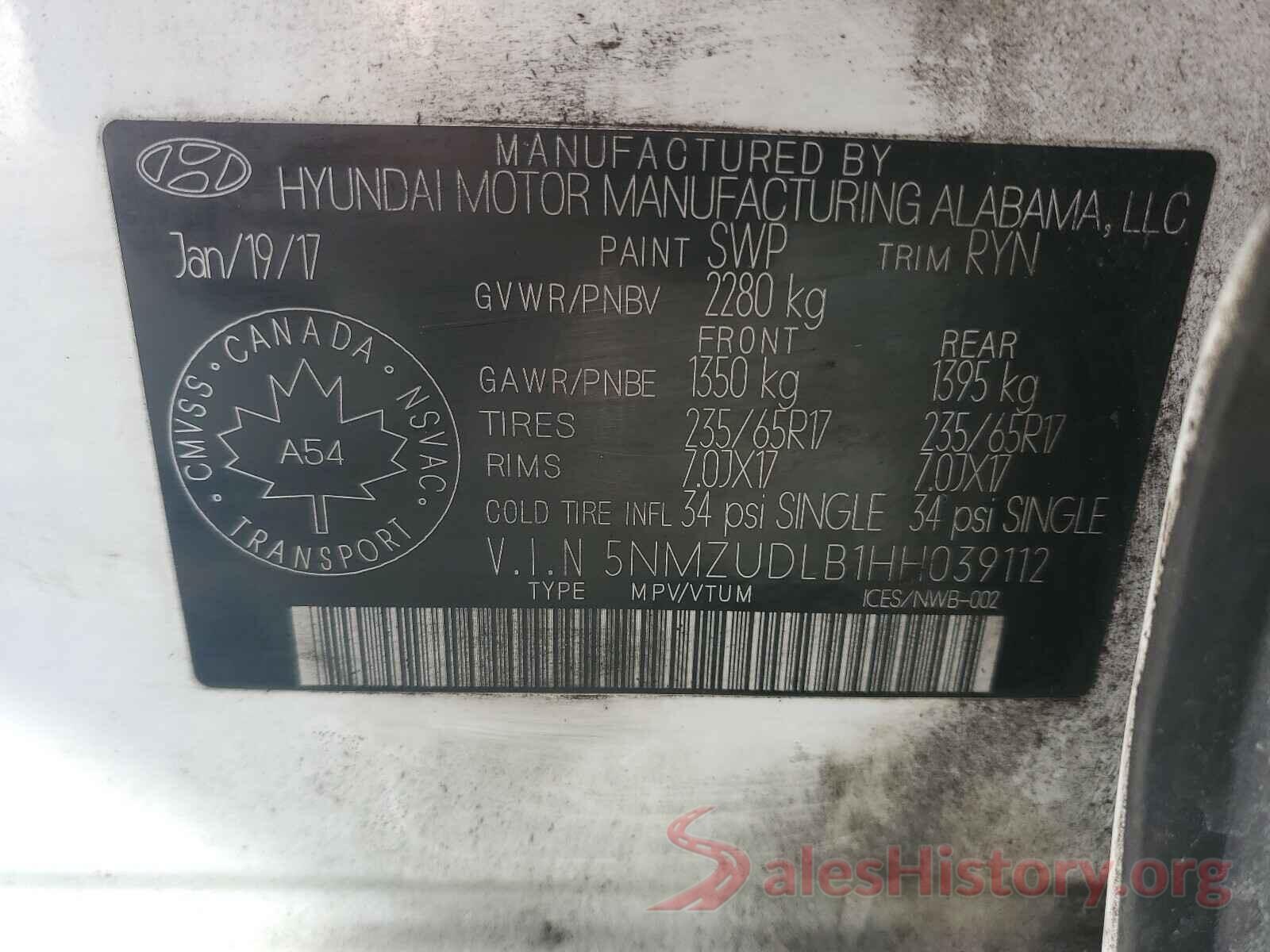 5NMZUDLB1HH039112 2017 HYUNDAI SANTA FE