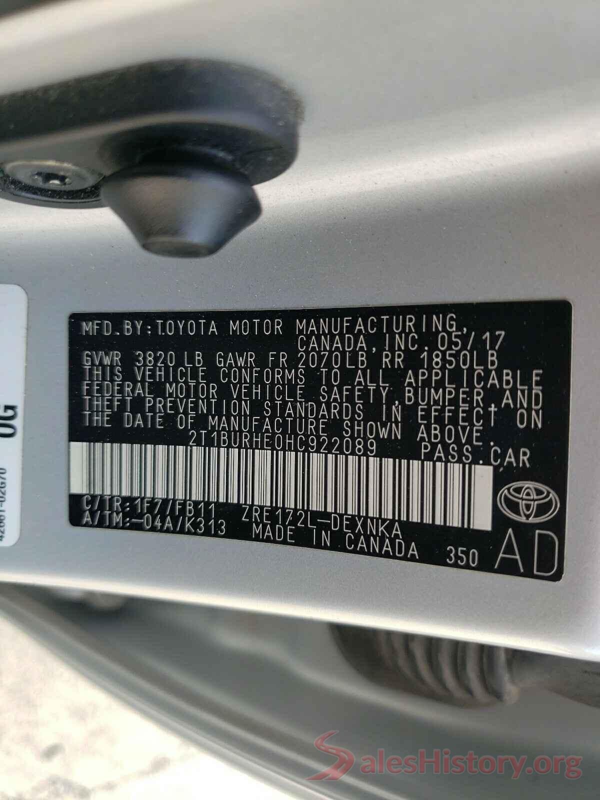 2T1BURHE0HC922089 2017 TOYOTA COROLLA