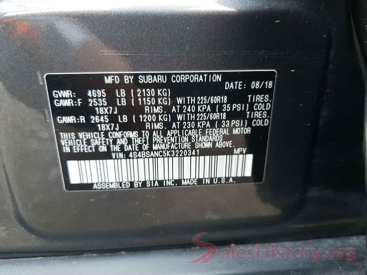 4S4BSANC5K3220341 2019 SUBARU OUTBACK