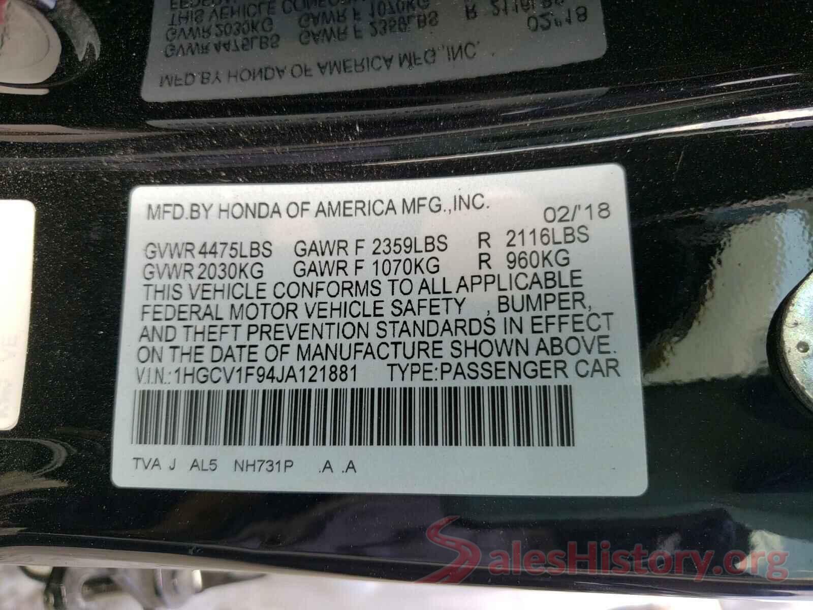 1HGCV1F94JA121881 2018 HONDA ACCORD