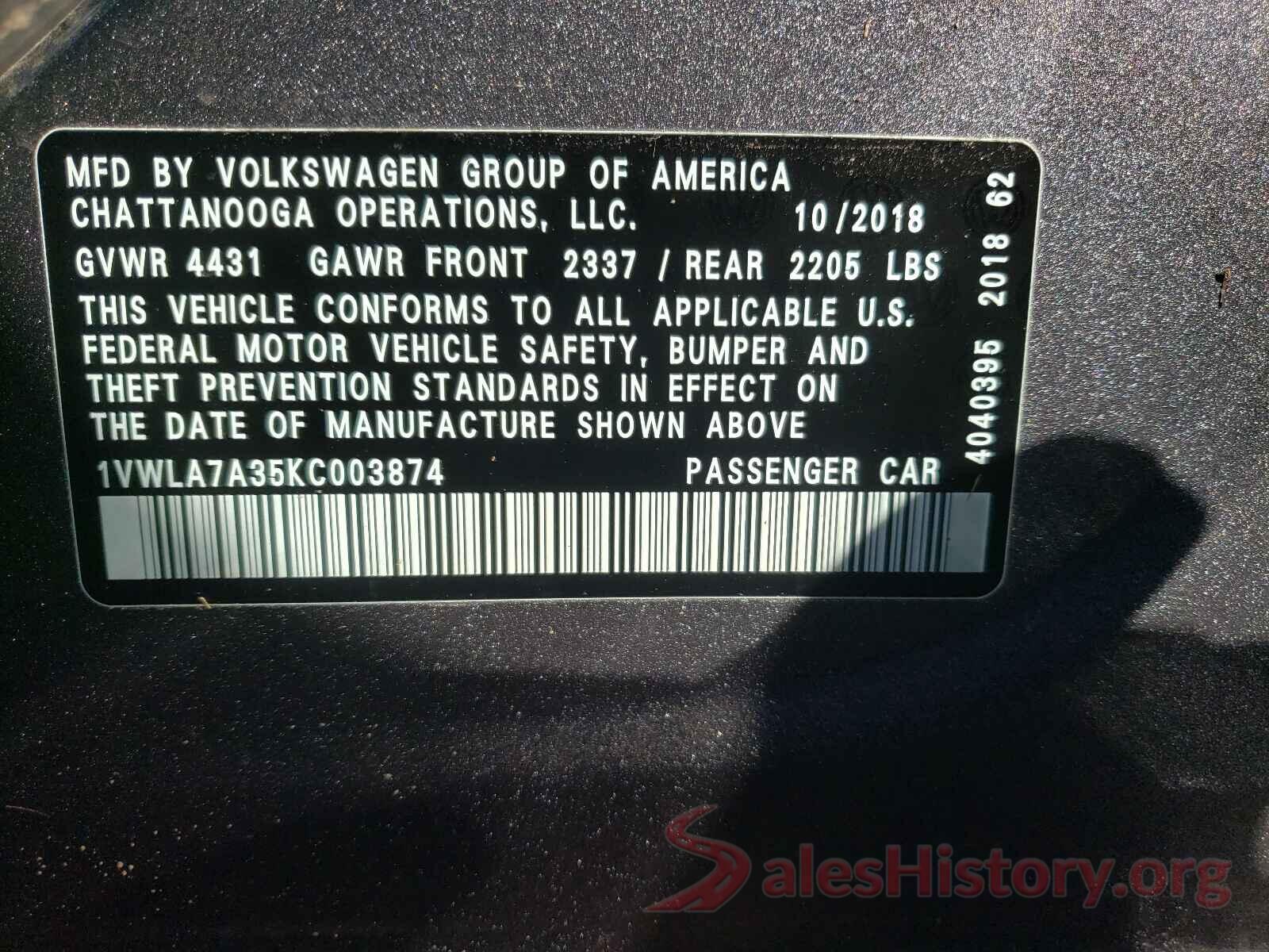 1VWLA7A35KC003874 2019 VOLKSWAGEN PASSAT