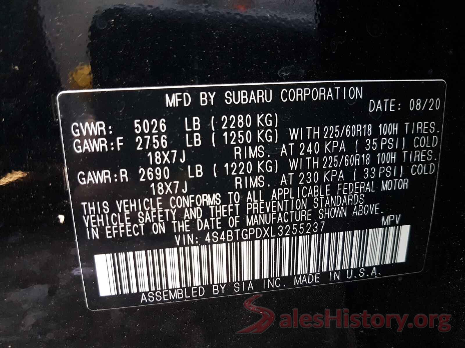 4S4BTGPDXL3255237 2020 SUBARU OUTBACK