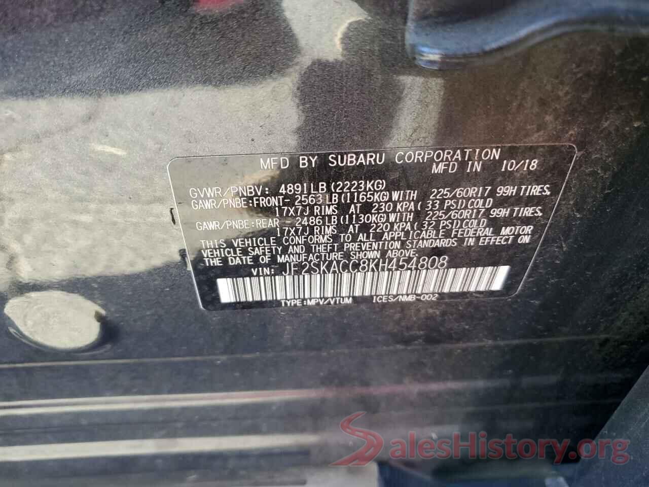 JF2SKACC8KH454808 2019 SUBARU FORESTER