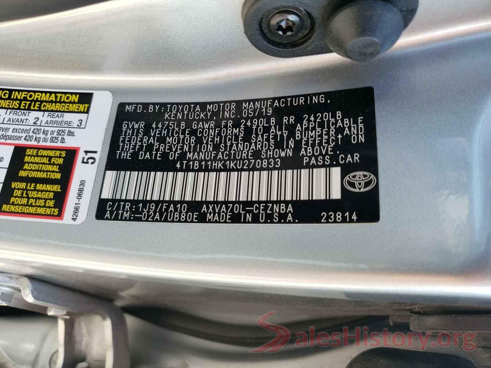 4T1B11HK1KU270833 2019 TOYOTA CAMRY