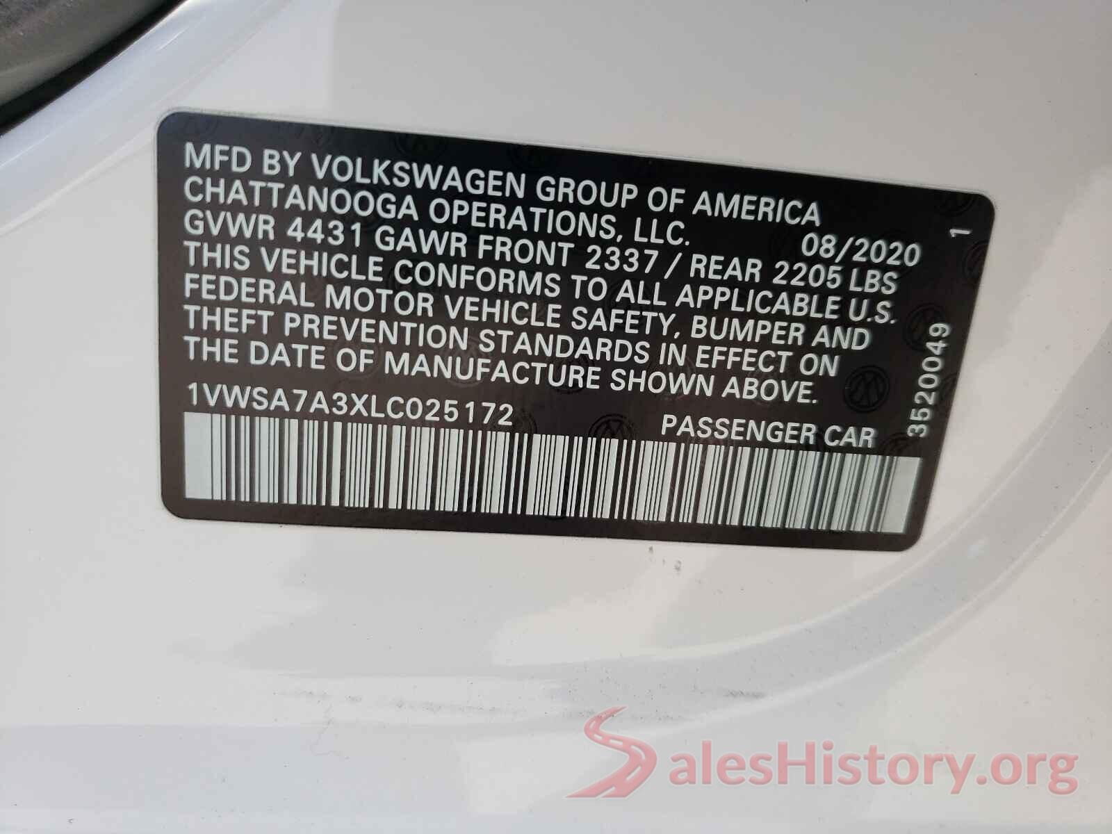 1VWSA7A3XLC025172 2020 VOLKSWAGEN PASSAT