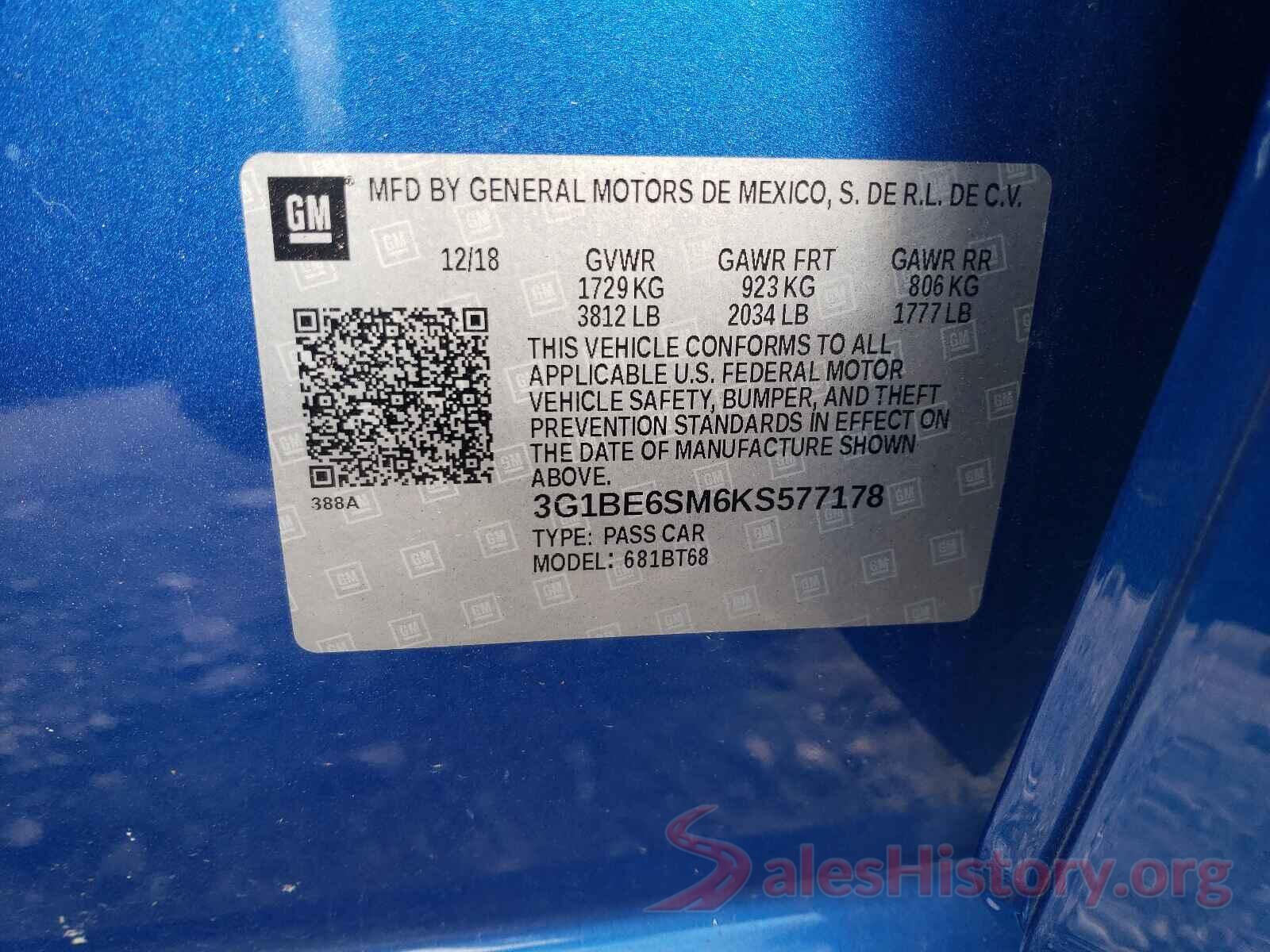 3G1BE6SM6KS577178 2019 CHEVROLET CRUZE